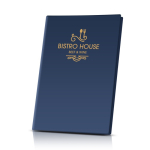 Porte-menus avec quatre pochettes intérieures transparentes couleur bleu marine vue avec impression