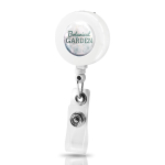 Porte-badge extensible avec coque en résine et clip couleur blanc vue avec impression