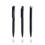 Stylo élégant en acier inoxydable recyclé à encre bleue couleur noir vue du logo imprimé