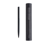 Stylo fin et élégant en laiton et acier inoxydable à encre bleue couleur noir vue en boîte