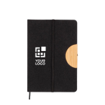 Carnet éco, couverture en RPET, support téléphone, feuilles lisses A5 couleur noir avec zone d'impression