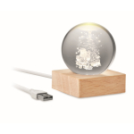 Boule de Noël en verre avec lumière LED sur base en bois couleur bois