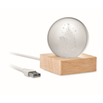 Boule de Noël en verre avec lumière LED sur base en bois couleur bois deuxième vue