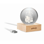 Boule de Noël en verre avec lumière LED sur base en bois couleur bois troisième vue principale