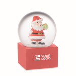 Petite boule de neige avec un Père Noël et base en polyrésine couleur rouge vue avec zone d'impression