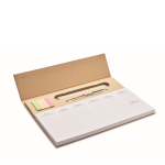 Planificateur hebdomadaire, stylo à bille bleu, règle et autocollants couleur beige vue avec zone d'impression