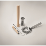 Kit à cocktail avec 5 outils essentiels dans une pochette en coton couleur beige vue photographique