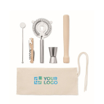 Kit à cocktail avec 5 outils essentiels dans une pochette en coton couleur beige vue avec zone d'impression
