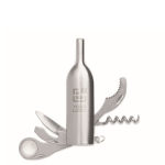 Ouvre-bouteille de poche en forme de bouteille de vin avec lames couleur argenté mat vue avec zone d'impression