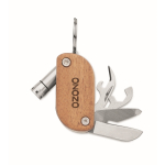 Porte-clés en bois d'acacia avec 7 outils et lumière LED couleur bois vue principale