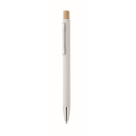 Stylo en aluminium recyclé avec bouton poussoir bambou, encre bleue couleur blanc