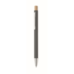 Stylo en aluminium recyclé avec bouton poussoir bambou, encre bleue couleur gris foncé