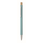 Stylo en aluminium recyclé avec bouton poussoir bambou, encre bleue couleur bleu ciel