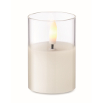 Petite bougie dans un pot transparent avec lumière LED effet flamme couleur blanc