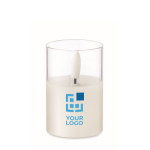 Petite bougie dans un pot transparent avec lumière LED effet flamme couleur blanc vue avec zone d'impression