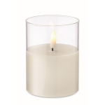 Bougie dans un pot transparent avec une lumière LED effet de flamme couleur blanc