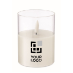Bougie dans un pot transparent avec une lumière LED effet de flamme couleur blanc vue avec zone d'impression