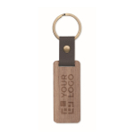 Porte-clés rectangulaire en bois avec un détail en simili cuir couleur bois vue avec zone d'impression