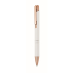 Stylo bille en aluminium recyclé avec détails rose gold, encre bleue couleur blanc