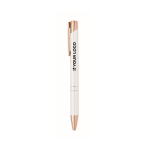 Stylo bille en aluminium recyclé avec détails rose gold, encre bleue couleur blanc vue avec zone d'impression