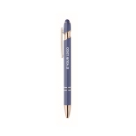 Stylo en aluminium recyclé avec détails rose gold, encre bleue couleur bleu vue avec zone d'impression