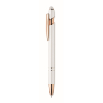 Stylo en aluminium recyclé avec détails rose gold, encre bleue couleur blanc
