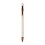 Stylo en aluminium recyclé avec détails rose gold, encre bleue couleur blanc deuxième vue