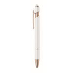 Stylo en aluminium recyclé avec détails rose gold, encre bleue couleur blanc troisième vue