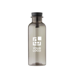 Bouteille en RPET poignée en caoutchouc et détail en bambou, 500 ml couleur noir avec zone d'impression