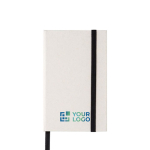 Carnet recyclé à couverture rigide élastique noir, pages rayées A6 couleur blanc/noir avec zone d'impression