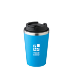 Gobelet isotherme acier inoxydable couvercle noir bord argenté 350ml couleur bleu ciel avec zone d'impression