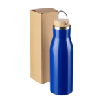 Gourde en acier inoxydable recyclé bouchon en bambou et poignée 500ml couleur bleu troisième vue