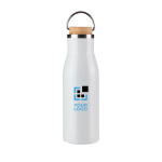Gourde en acier inoxydable recyclé bouchon en bambou et poignée 500ml couleur blanc avec zone d'impression