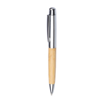 Stylo en acier inoxydable avec poignée en bambou, encre bleue couleur argenté deuxième vue