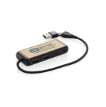 Hub USB en plastique recyclé et bambou avec 4 ports et câble double couleur noir vue avec logo