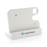 Support de charge sans fil en plastique recyclé pour 3 appareils couleur blanc vue avec logo