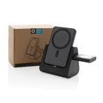Chargeur sans fil en plastique recyclé avec support de charge 3 en 1 couleur noir deuxième vue avec boîte