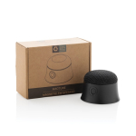 Enceinte magnétique en plastique recyclé et support pour téléphone couleur noir vue avec boîte