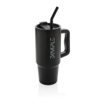 Bouteille isotherme en acier inoxydable recyclé avec paille de 900 ml couleur noir vue avec logo