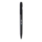 Stylo en plastique recyclé avec écriture de 1 km et encre bleue couleur noir vue avec logo