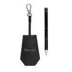 Ensemble stylo et porte-clés en similicuir et aluminium à encre bleue couleur noir vue avec logo