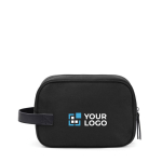 Trousse de toilette en polyester recyclé au toucher doux avec poignée couleur noir avec zone d'impression