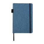 Carnet avec couverture tissu RPET et porte-stylo A5 feuilles lignées couleur cyan deuxième vue frontale