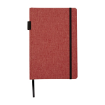 Carnet avec couverture tissu RPET et porte-stylo A5 feuilles lignées couleur saumon deuxième vue frontale
