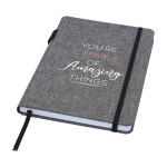 Carnet avec couverture tissu RPET et porte-stylo A5 feuilles lignées vue impression sérigraphique