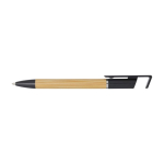 Stylo en bambou avec support de téléphone intégré encre bleue couleur noir deuxième vue frontale