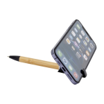 Stylo en bambou avec support de téléphone intégré encre bleue couleur noir troisième vue