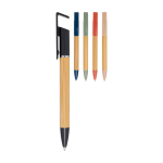 Stylo en bambou avec support de téléphone intégré encre bleue deuxième vue en couleurs