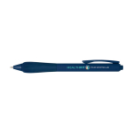 Stylo en plastique recyclé avec corps en caoutchouc encre bleue vue avec impression sérigraphique