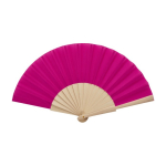 Éventail à main fabriqué en bois et polyester avec design uni couleur rose troisième vue frontale